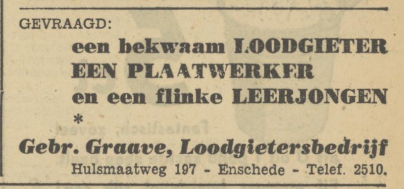 Hulsmaatweg 197 Gebr. Graave Loodgietersbedrijf advertentie Tubantia 13-4-1950.jpg