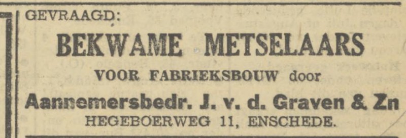 Hegeboerweg 11 J. v.d. Graven Aannemersbedrijf advertentie Tubantia 27-4-1950.jpg