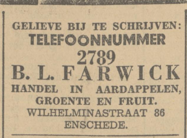 Wilhelminastraat 86 B.L. Farwick Groente en Fruit advertentie Tubantia 6-6-1934.jpg