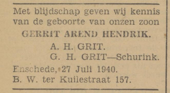 B.W. ter Kuilestraat 157 A.H. Grit advertentie Tubantia 29-7-1940.jpg