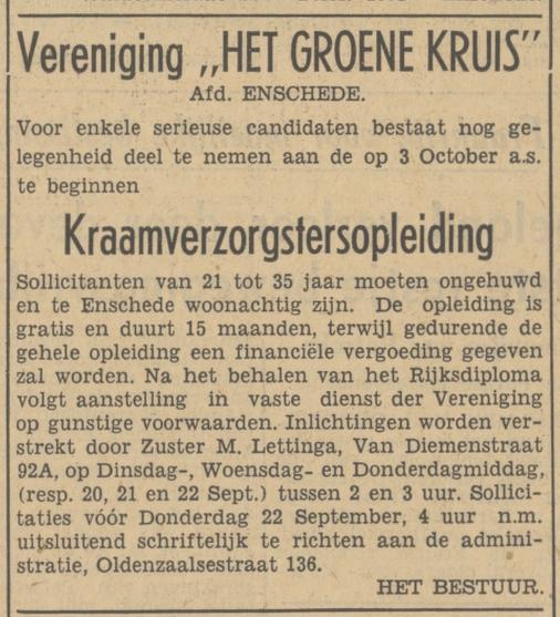 Van Diemenstraat 92A Zuster M. Lettinga advertentie Tubantia 19-9-1949.jpg