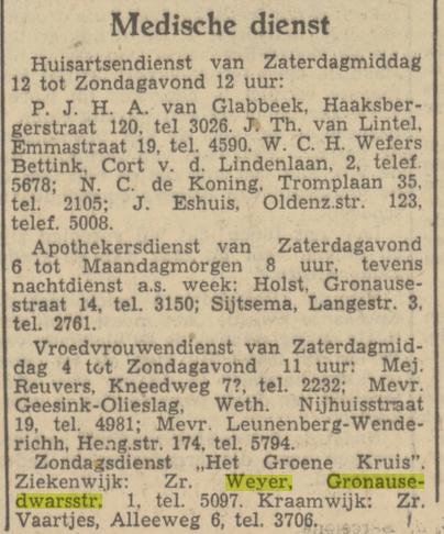 Gronausedwarsstraat 1 Zr. Weyer Het Groene Kruis. telf. 5097 krantenbericht Tubantia 8-12-1950.jpg