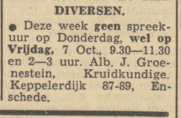 Keppelerdijk 87-89 Alb. J. Groenestein Kruidkundige advertentie Tubantia 5-10-1949.jpg