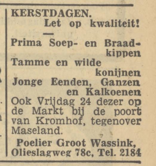 Olieslagweg 78c Poelier Groot Wassink advertentie Tubantia 16-11-1948.jpg