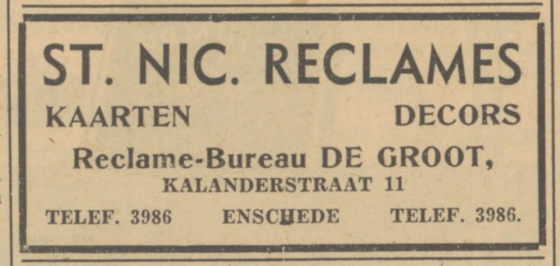 Kalanderstraat 11 Reclamebureau de Groot advertentie Tubantia 17-11-1951.jpg