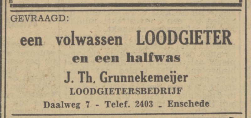 Daalweg 7 J.Th. Grunnekemeijer Loodgietersbedrijf advertentie Tubantia 6-3-1951.jpg