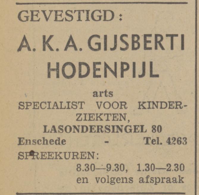 Lasondersingel 80 A.K.A. Gijsberti Hodenpijl Arts advertentie Tubantia 2-9-1940.jpg