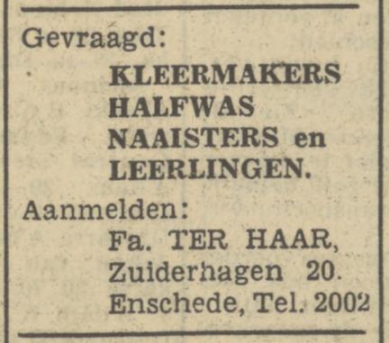 Zuiderhagen 20 Fa. Ter Haar kleermaker advertentie Tubantia 30-3-1950.jpg