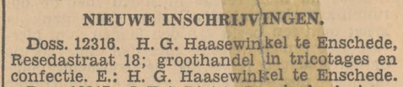 Resedastraat 18 H.G. Haasewinkel krantenbericht Tubantia 10-8-1940.jpg
