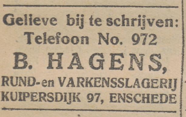 Kuipersdijk 97 B. Hagens Rund- en Varkensslagerij advertentie Tubantia 7-4-1924.jpg
