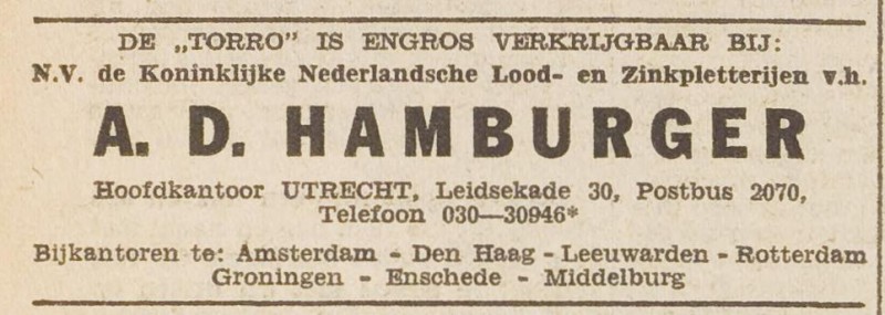 N.V. de Koninklijke Nederlandsche Lood- en Zinkpletterijen v.h. A.D. Hamburger. bijkantoor Enschede. advertentie Het Vrije Volk 3-10-1958.jpg