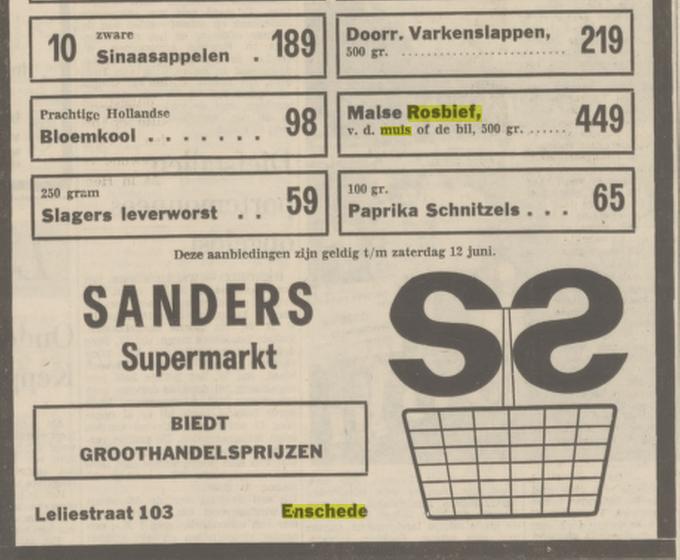 Leliestraat 103 Sanders Supermarkt advertentie Tubantia 7-6-1971.jpg