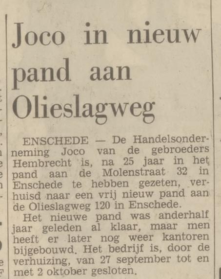 Molenstraat 32 Handelsonderneming Joco krantenbericht Tubantia 28-9-1971.jpg