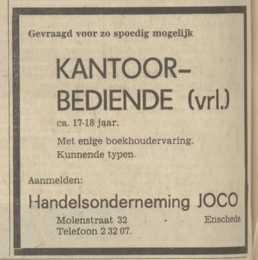 Molenstraat 32 Handelsonderneming Joco advertentie Tubantia 15-9-1971.jpg