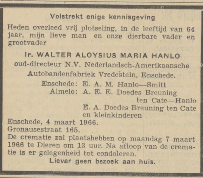 Gronausestraat 165 Ir. W.A.M. Hanlo overlijdensadvertentie Tubantia 5-3-1966.jpg