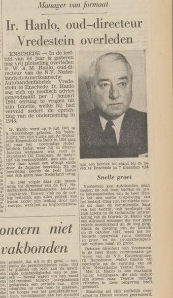 Ir. W.A.M. Hanlo directeur Vredestein overleden. krantenbericht Tubantia 5-3-1966.jpg