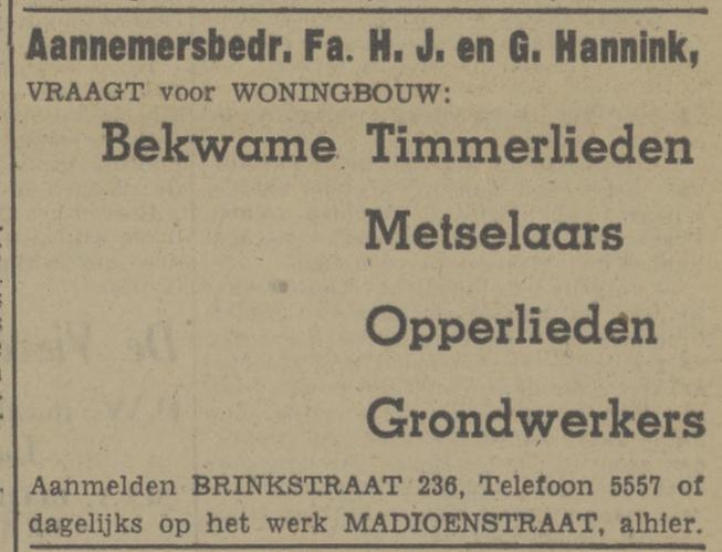 Brinkstraat 236 Aannemersbedrijf Fa. H.J. en G. Hannink advertentie Tubantia 31-3-1948.jpg