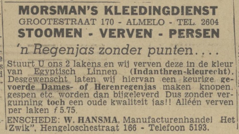 Hengelosestraat 166 W. Hansma Manufacturenhandel Het Zwik advertentie Twentsch nieuwsblad 3-11-1943.jpg