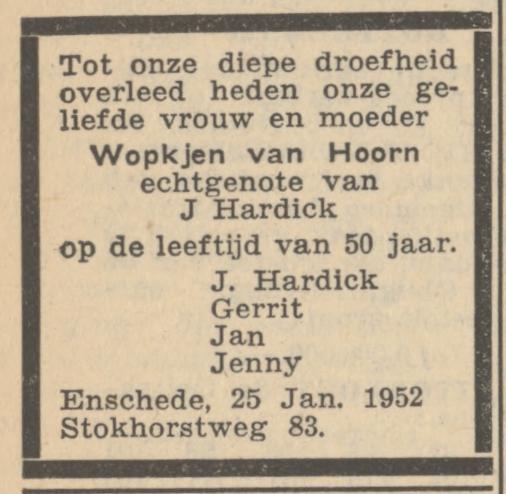 Stokhorstweg 83 J. Hardick advertentie Tubantia 26-1-1952.jpg