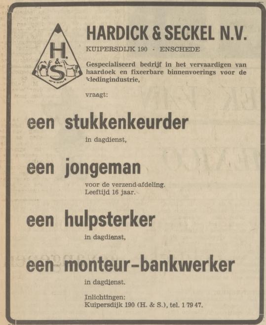 Kuipersdijk 190 Hardick & Seckel N.V. advertentie Tubantia 10-6-1970.jpg