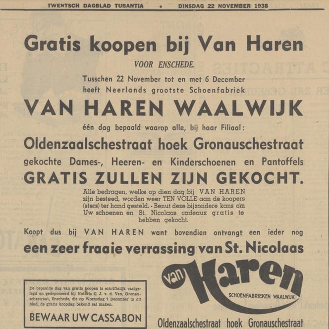 Oldenzaalsestraat hoek Gronausestraat Van Haren advertentie Tubantia 22-11-1938.jpg
