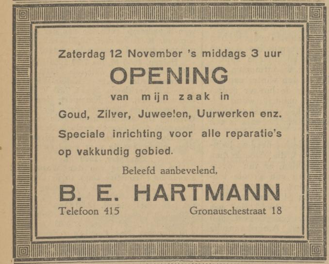 Gronausestraat 18 B.E. Hartmann advertentie Tubantia 10-11-1927.jpg