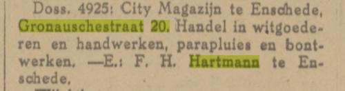 Gronausestraat 20 F.H. Hartmann City Magazijn krantenbericht Tubantia 12-9-1925.jpg
