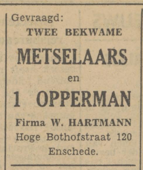 Hoge Bothofstraat 120 Fa. W. Hartmann advertentie Tubantia 30-4-1951.jpg