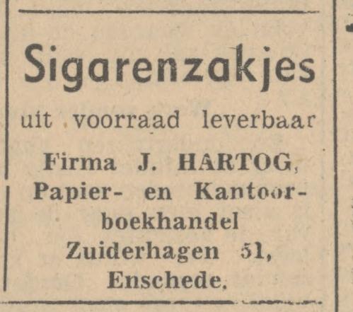 Zuiderhagen 51 J. Hartog Papier- en Kantoorboekhandel advertentie Tubantia 16-7-1947.jpg