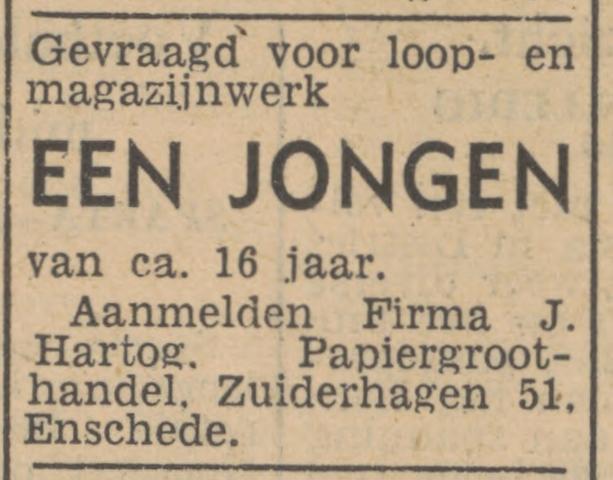 Zuiderhagen 51 J. Hartog Papiergroothandel advertentie Tubantia 19-9-1947.jpg