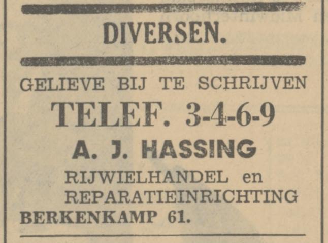Berkenkamp 61 A.J. Hassing rijwielhandel advertentie Tubantia 21-12-1935.jpg