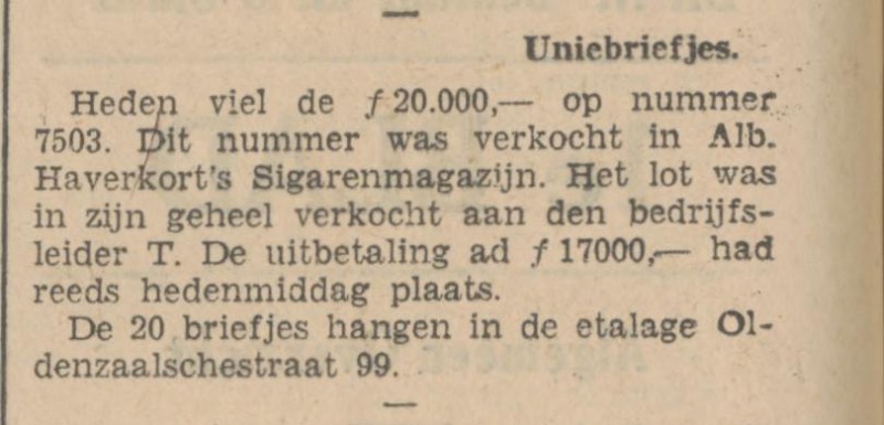 Oldenzaalsestraat 99 Alb. Haverkort Sigarenmagazijn krantenbericht Yubantia 5-8-1930.jpg