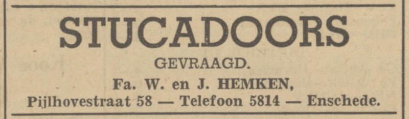 Pijlhovestraat 58 Fa. W. & J. Hemken stucadoor advertentie Tubantia 13-9-1948.jpg