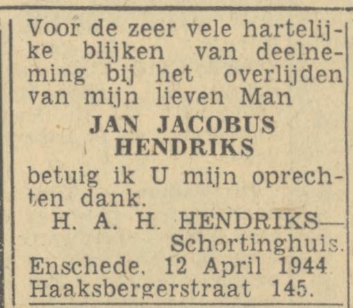 Haaksbergerstraat 145 H.A.H. Hendriks-Schortinghuis advertentie Twentsch nieuwsblad 12-4-1944.jpg