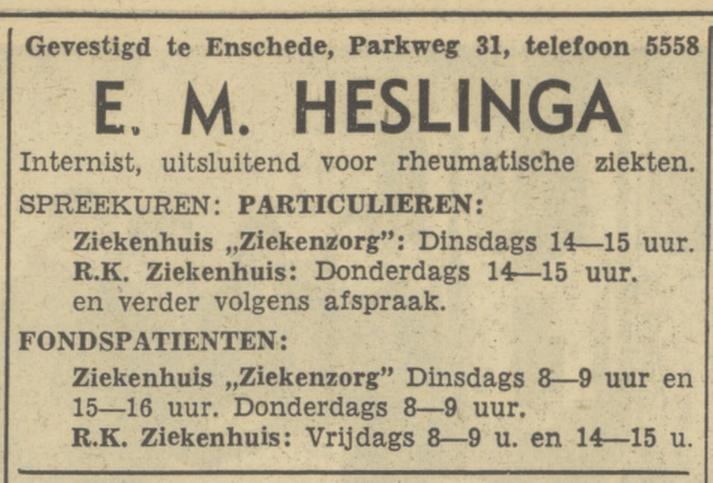Parkweg 31 E.M. Heslinga Internist advertentie Tubantia 2-3-1950.jpg
