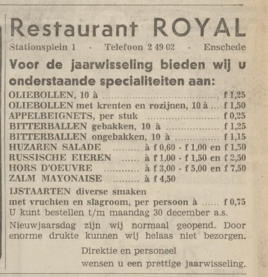 Stationsplein 1 Restaurant Royal advertentie Tubantia 27-12-1968.jpg