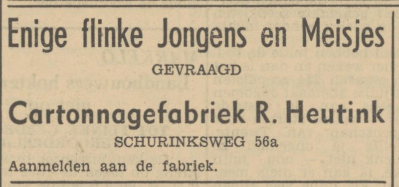 Schurinksweg 56a cartonnagefabriek R. Heutink advertentie Tubantia 15-7-1950.jpg