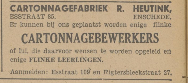 Esstraat 85 en 109 cartonnagefabriek R. Heutink advertentie Tubantia 3-1-1948.jpg