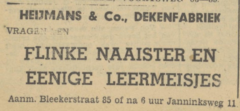 Blekerstraat 85 Dekenfabriek Heijmans & Co. advertentie Tubantia 27-11-1946.jpg