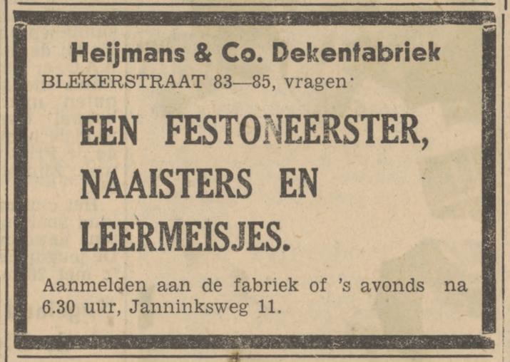 Blekerstraat 83-85 Dekenfabriek Heijmans & Co. advertentie Tubantia 8-9-1947.jpg