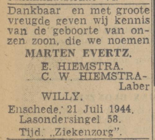 Lasondersingel 58 E. Hiemstra advertentie Twentsch nieuwsblad 22-7-1944.jpg
