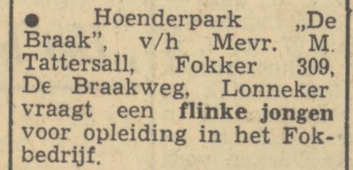 De Braakweg Hoenderpark De Braak v.h. Mevr. M. Tattersall advertentie Tubantia 27-9-1949.jpg