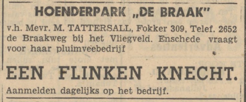 De Braakweg Hoenderpark De Braak v.h. Mevr. M. Tattersall advertentie Tubantia 24-9-1947.jpg