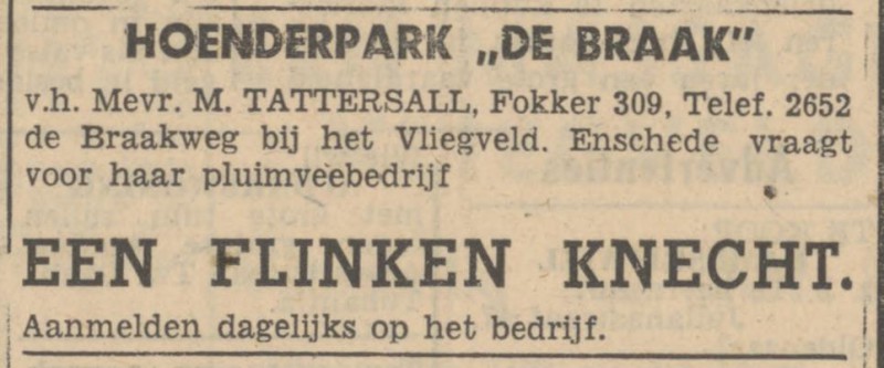 De Braakweg Hoenderpark De Braak v.h. Mevr. M. Tattersall advertentie Tubantia 24-9-1947.jpg