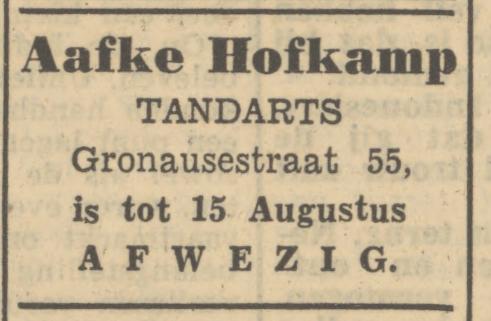 Gronausestraat 55 A. Hofkamp tandarts advertentie Tubantia 25-7-1950.jpg