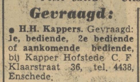 C.F. Klaarstraat 36 hoek Beltstraat kapper Hofstede advertentie Tubantia 27-1-1951.jpg