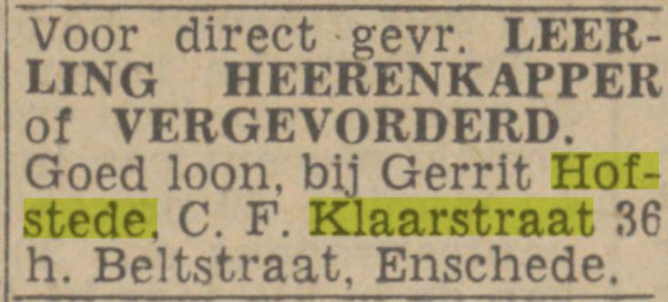 C.F. Klaarstraat 36 hoek Beltstraat kapper G. Hofstede Advertentie. Twentsch nieuwsblad. Enschede, 21-05-1943.jpg