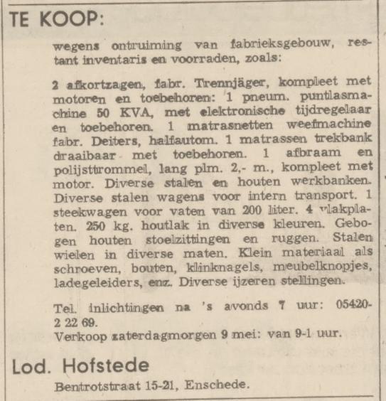 Bentrotstraat 15-21 Lod. Hofstede matrassenfabriek advertentie Tubantia 8-5-1970.jpg