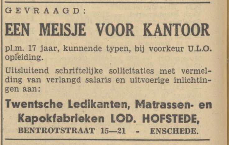 Bentrotstraat 15-21 Lod. Hofstede matrassenfabriek advertentie Tubantia 10-12-1949.jpg
