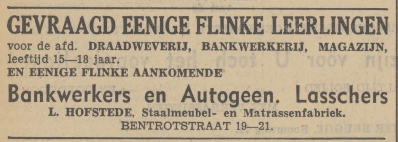 Bentrotstraat 19-21 Staalmeubel- matrassenfabriek L. Hofstede advertentie Tubantia 20-5-1939.jpg